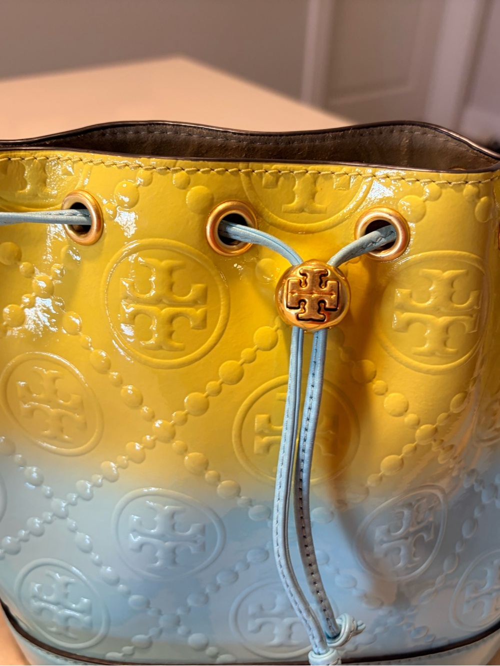 Tory Burch Blue-to-Yellow Ombre Embossed Leather Drawstring Shoulder Bag - Picture 2 of 8